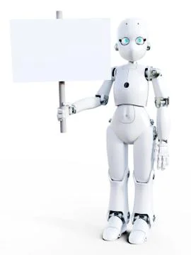 3D rendering of a white cartoon robot holding blank sign. Stock Illustration