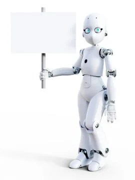 3D rendering of a white cartoon robot holding blank sign. Stock Illustration