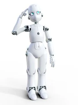 3D rendering of a white cartoon robot thinking about something. Stock Illustration
