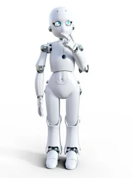 3D rendering of a white cartoon robot thinking about something. Illustrazione stock