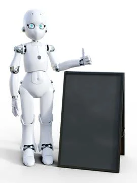 3D rendering of a white cartoon robot with sandwich board. Stock Illustration