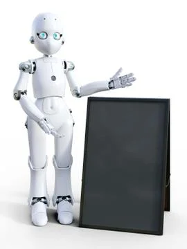 3D rendering of a white cartoon robot with sandwich board. Stock Illustration