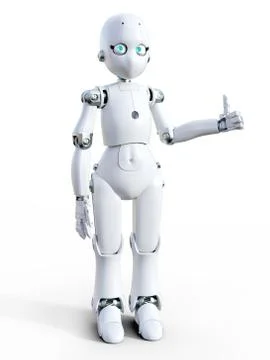 3D rendering of a white cartoon robot doing a thumbs up. Stock Illustration
