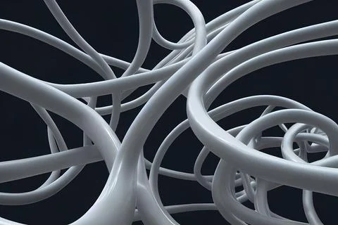 3D rendering of white chaotic abstract spirals on a gray background Stock Illustration