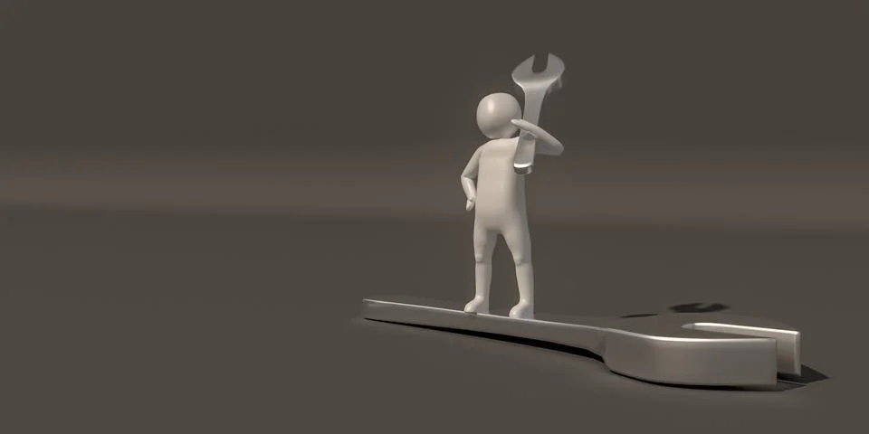 3d rendering of the White character  and wrench Stock-Illustration