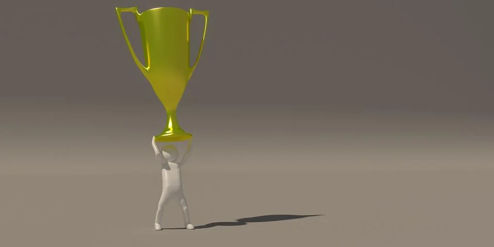 3d rendering, A white characters who have received a gold trophy Illustration