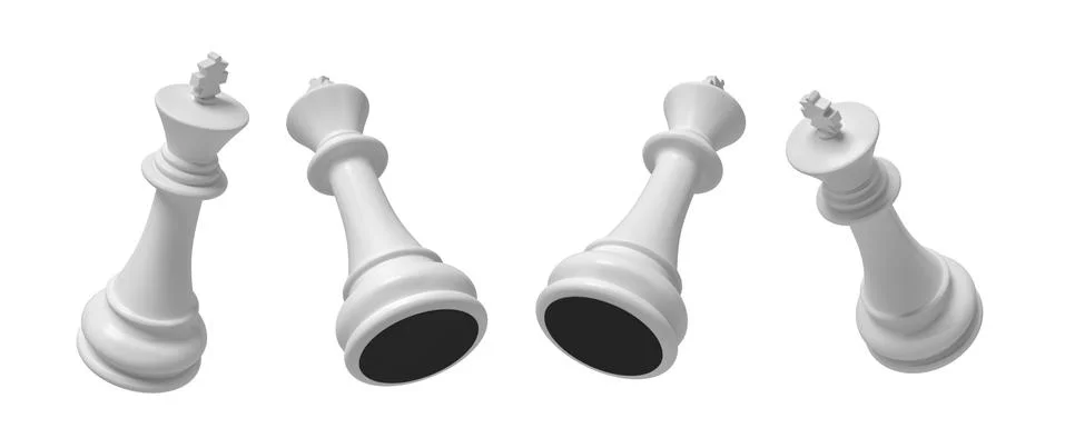3d rendering of a white chess king piece in four different angled views on a Stock Illustration