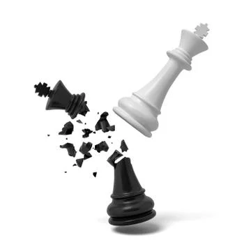 3d rendering of a white chess king breaks a black king that cracks and falls on Stock-Illustration