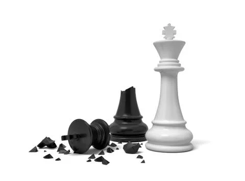 3d rendering of a white chess king standing near a black king figure broken in Stock-Illustration