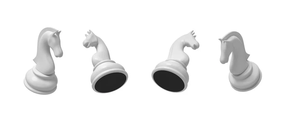 3d rendering of a white chess knight piece in four different angled views on a Stock Illustration