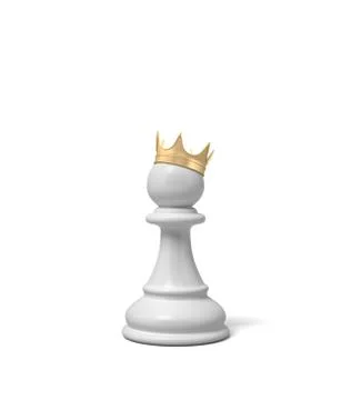 3d rendering of a white chess pawn piece with a golden crown sitting on top of Ilustración de archivo