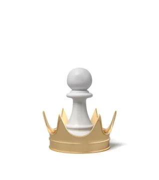 3d rendering of a white chess pawn standing inside a giant golden crown on a Stock Illustration