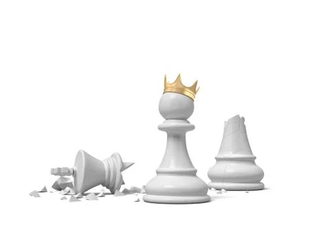 3d rendering of a white chess pawn wearing a gold crown and standing near a Illustration