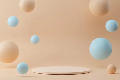 3d rendering of white circle podiums on beige background with fkying bubbles Stock Illustration