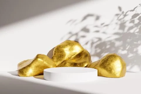 3D rendering of white circular podium near golden rocks in studio Stock Illustration