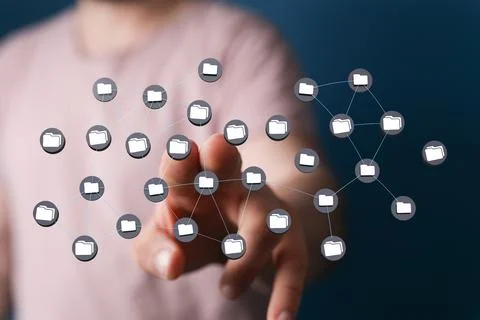 3d rendering of white computer folder symbols on tiny gray circles in a schem Stockfoto's