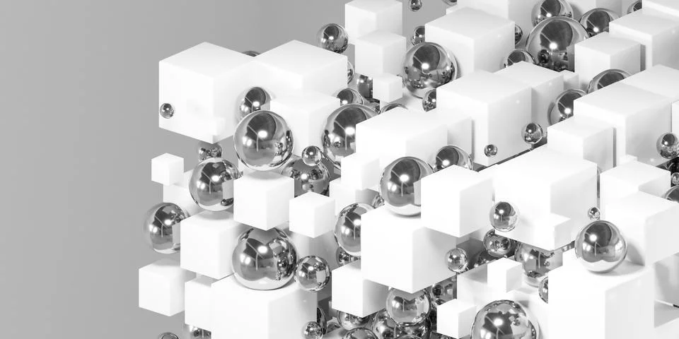 A 3d rendering of white cubes and silver spheres 3d render illustration Stock Illustration