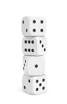 3d rendering of white dice with white pips standing vertically on a white Stock Illustration