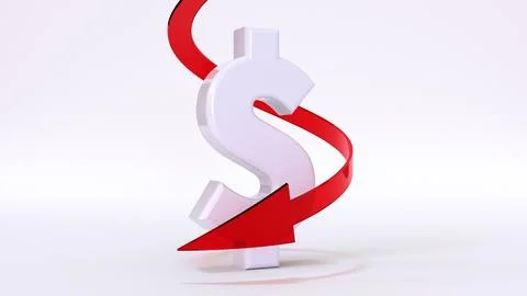 3D rendering of a white dollar sign with a red down arrow on a white backgr.. Stock Illustration