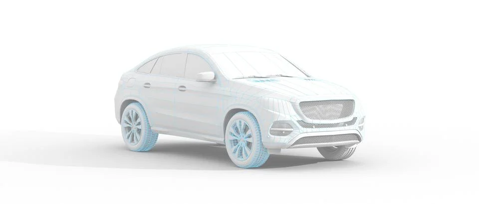 A 3d rendering of a white Electric car icon form lines, triangles, and partic Stock Illustration