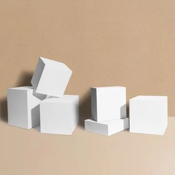 3D rendering of white empty cubes with mockup against a brown background Illustrazione stock
