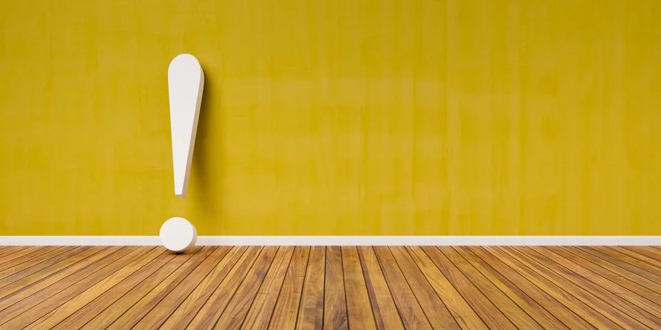 3d rendering of white exclamation mark on wooden floor-  Warning Concept Stock Illustration