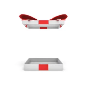 3d rendering of a white flat gift box with a red bow on white background with Stock Illustration