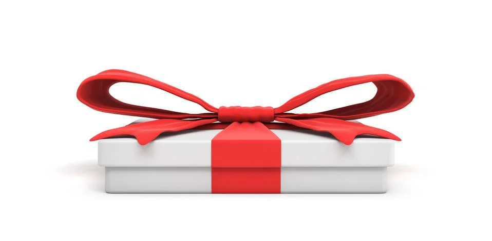 3d rendering of white flat gift box with a red ribbon bow isolated on white Stock Illustration