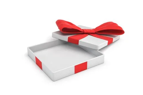 3d rendering of a white flat gift box with a red bow on white background with Stock Illustration