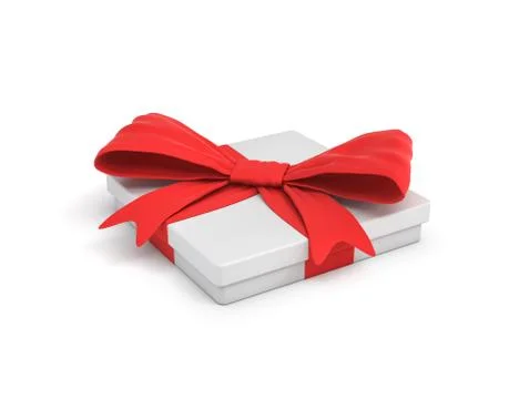 3d rendering of white flat gift box with a red ribbon bow in side top view Stock Illustration