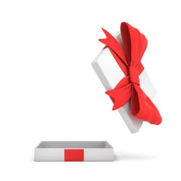 3d rendering of a white flat gift box with a red bow on white background with Stock Illustration