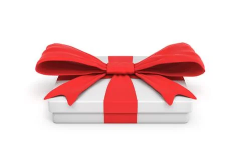 3d rendering of white flat gift box with a red ribbon bow isolated on white Stock Illustration