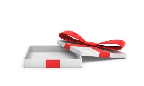 3d rendering of a white flat gift box with a red bow on white background with Stock Illustration