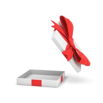 3d rendering of a white flat gift box with a red bow on white background with Stock Illustration
