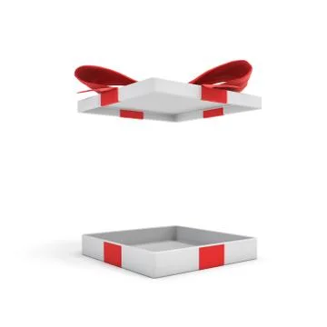3d rendering of a white flat gift box with a red bow on white background with Stock Illustration