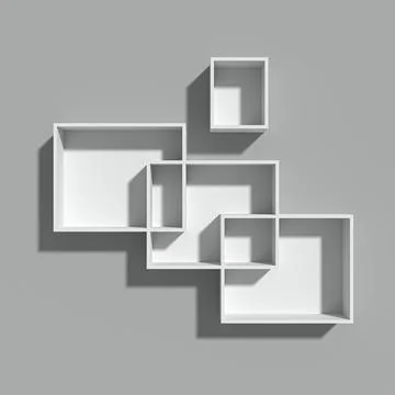 3D Rendering of White Geometric Floating Shelves on a Gray Wall with Shadows Illustrazione stock