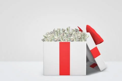 3d rendering of a white gift box with a red bow full of 100 dollar bills on Illustrazione stock