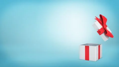 3d rendering of a white gift box with a red ribbon and bow stands open on blue Stock Illustration