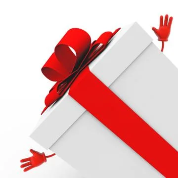 A 3D rendering of a white gift box with a red ribbon isolated on a white back Illustrazione stock