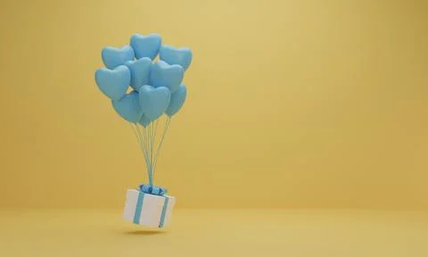 3d rendering. White gift box with blue ribbon and balloon heart on yellow bac Stock Illustration
