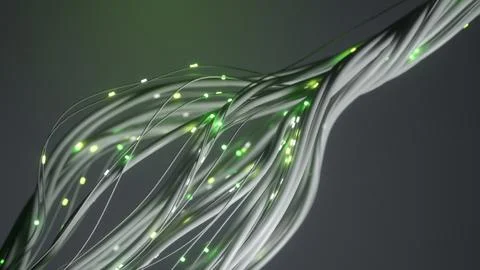 3d rendering of white glowing cables creating a complex network against a d.. Illustrazione stock