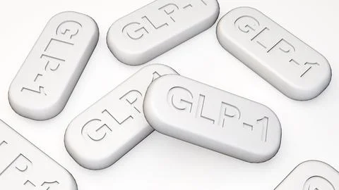 A 3d rendering of white GLP-1 pills Stock Illustration