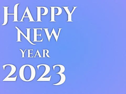 3D rendering white Happy New Year 2023 text isolated on blue background Illustrazione stock