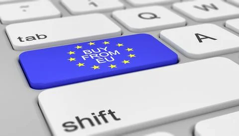 3d rendering of a white keyboard with a blue key and the message buy from eu. Illustrazione stock
