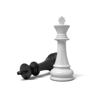3d rendering of a white king piece standing near a fallen black piece on a white 스톡 일러스트
