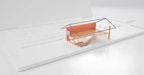 3d rendering of white laptop and home structure. Stock Illustration