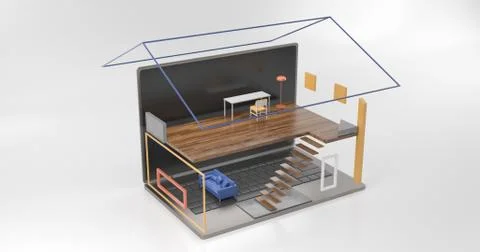 3d rendering of white laptop and home structure. Stock Illustration