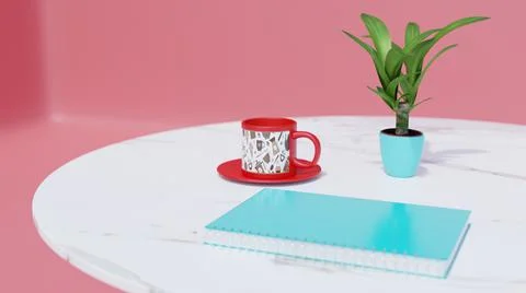 A 3D rendering of a white marble coffee table with a plant and cup on it on a Stock Illustration