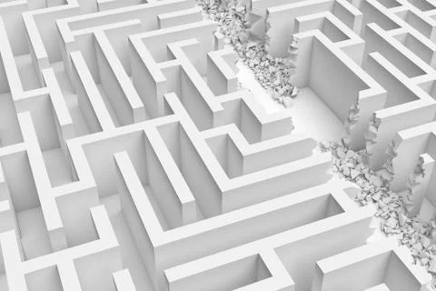 3d rendering of a white maze in front bottom view cut in straight line in half Stock-Illustration