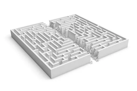 3d rendering of a white maze in front bottom view cut in straight line in half Stock Illustration